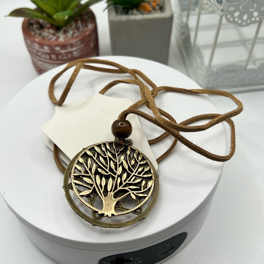 Gold‎ Tone/Brass Tree Pendant on Suede Cord NEW